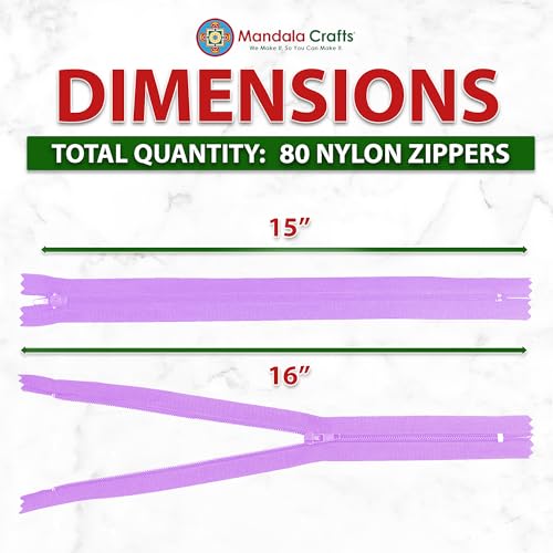 Image of Mandala Crafts 80 PCs Lilac Closed-End 15 Inches Nylon Zippers for Sewing