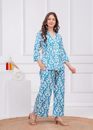 Image of Women's Pure Cotton Co-Ord Set | Three-Quarter Sleeves-Mandarin Collar Top & Palazzos | Printed Casual Wear Co-Ord Set for Women