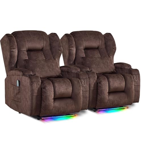 Image of DRMBOOK Power Recliner Chair, Electric Wall Hugger Reclining Sofa with Massage & Heat, Overstuffed Movie Theater Seating with LED /USB Port /Cup Holders for Living Room (Velvet Brown, 2 Chairs)