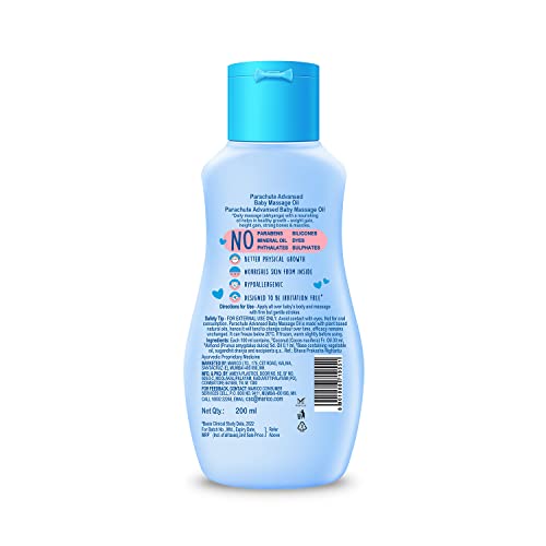 Image of Parachute Advansed Baby Massage Oil for New Born| 100% Virgin Coconut Oil | Clinically Proven for Better Growth| Vitamin E & F| 200 Ml (Pack of 3)