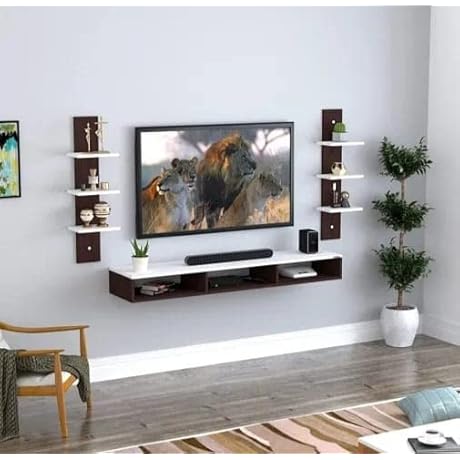 Generic Deco India Wooden Wall Mounted TV Unit, TV Stand for Wall, TV Stand Unit Wall Shelf for Living Room, Set Top Box Stand (Brown &amp; White) (Id