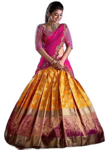 MASTER DESIGN Kanjivaram Soft Silk Half Saree Lehenga with Pure Golden zari Waving South Indian Wadding and Party wear Woman Silk Half Saree with Blouse Same Embroidery (Unstitched)