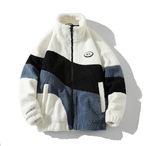 Generisch Retro Fleece Jacket Unisex Patchwork Stehkragen Teddyfleece Jacke – Winter Warm Sherpa Fleecejacke im Y2K Aesthetic Stil für Herren und Damen Teddy Jacke Herren