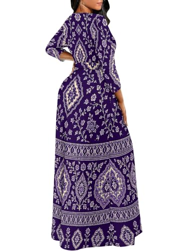 Image of Women Plus Size Long Sleeve V Neck Maxi Dress with Belt | Soft fabric relaxed fit three quarter sleeve v neck with pockets for party and daily wear
