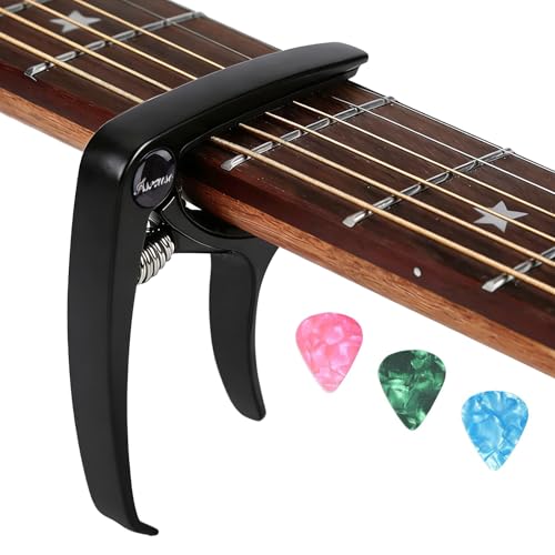 Asmuse Cejilla Guitarra Española Acústica Eléctrica Profesional, Guitar Capo de Ligero Aleación de Aluminio con 3 Púas de Guitarra para Guitarra Acústica Eléctrica Bajo Ukelele Mandolina Banjo