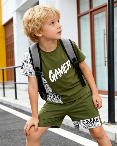 Image of OLMRJKD Boys 2 Piece Outfits Short Sleeve Colorblock T-shirt and Shorts Summer Casual Clothes for 6-12 Years
