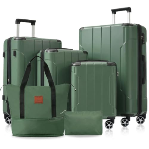 6-piece Hardshell Luggage Set, Expandable Lightweight Luggage, Double Wheels, TSA Lock, Unisex, Green, Meets All Travel Needs
