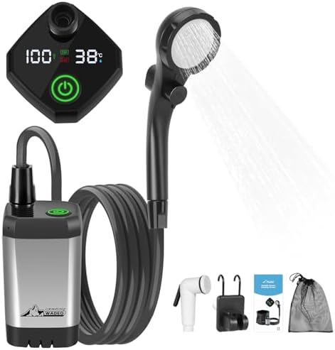 WADEO Portable Shower for Camping, Outdoor Electric Shower Rechargeable Pump with Intelligent Digital Display, Camping Shower Head Nozzle for Camping, Hiking, Traveling, Washing