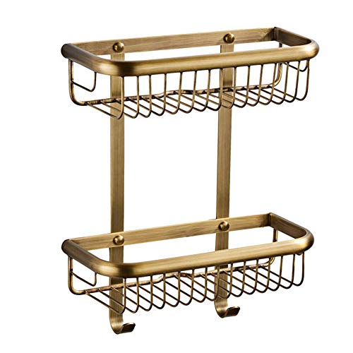 LIERSI Cestello Angolare Bagno Doccia Ripiano Doppio Strato con 2 Ganci Supporto per Organizzatore A Parete in Ottone Massiccio Spazzolato Bronzo Spazzolato