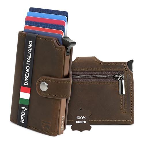 BEWMER Tarjetero de crédito Premium | Cartera Delgada para Hombre y Mujer con Protección RFID Anticlonación | Tarjetero y Dinero con Monedero (Marrón)