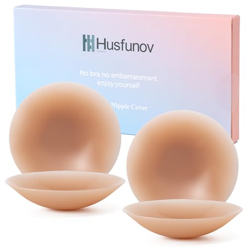 Image of Husfunov Silicone Nipple Covers for Women-2 Pairs, Ultra-thin Sticky Bra, Reusable Adhesive Pasties for Dress