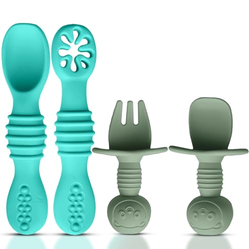 Image of HippoBaby 4pc Silicone Baby Spoons Self Feeding Baby Utensils 6-12 Months - 3 Baby Spoon - 1 Baby Fork - Toddler Cutlery Set - BPA Free, Dishwasher Safe - Baby Eating Essentials (Turquoise/Pickle)