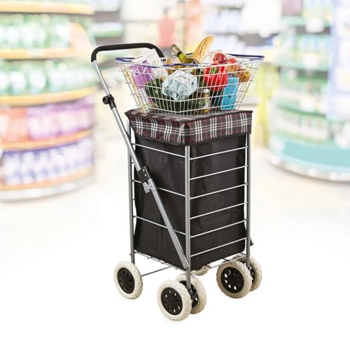 6-Wheel Swivel Shopping Trolley with Adjustable Handle - Black and Grey