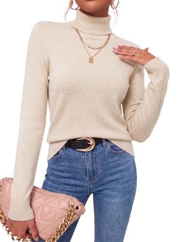 Arach&Cloz Women's Turtleneck Fall Outfits Trendy Sweater Tops Beige L | Soft & Anti-Pilling, Lightweight Long Sleeve Pullover, Teacher Office Work Outfits, Fall Winter Basic Layering Casual Sweater