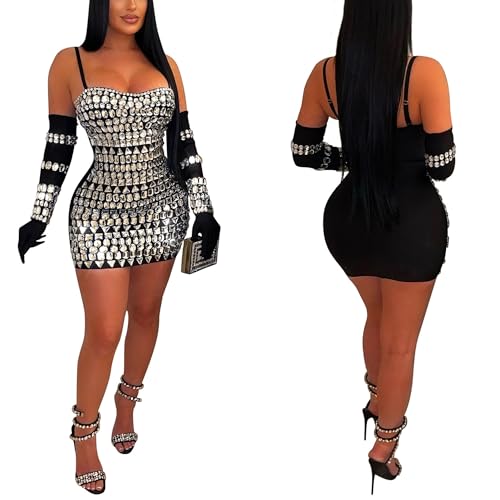 Image of PORRCEY Women's Sexy Elegant Rhinestone Mesh Party Club Night Mini Dress