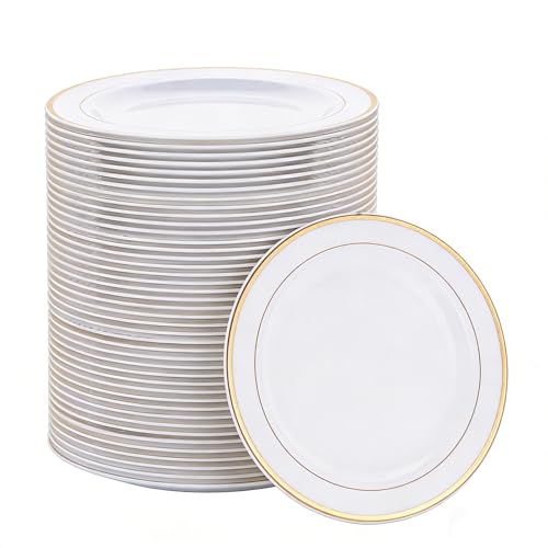 MUXHEL Assiettes en Plastique Réutilisables Blanches de 26 cm - Lot de 40 pour Fête (Blanc & Or)