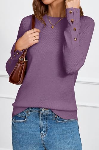 Arach&Cloz Womens Long Sleeve Sweaters 2026 Fall Outfits Trendy Crewneck Cozy Knit Black White Casual Button Halloween Chocolate Brown Fashion Tops Winter Purple S - image 2
