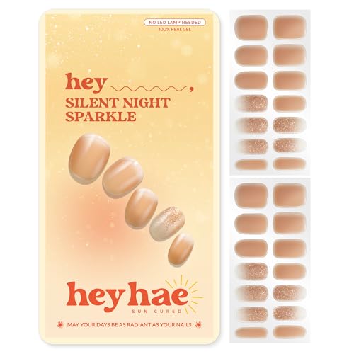 Heyhae Semi Cured Gel Nail Strips | No LED Lamp Needed | Gold, Sparkle | Easy Apply & Remove, Salon Quality | Includes 28 Strips, 1 Prep Pads, Nail File & Wooden stick - Hey, Silent Night Sparkle