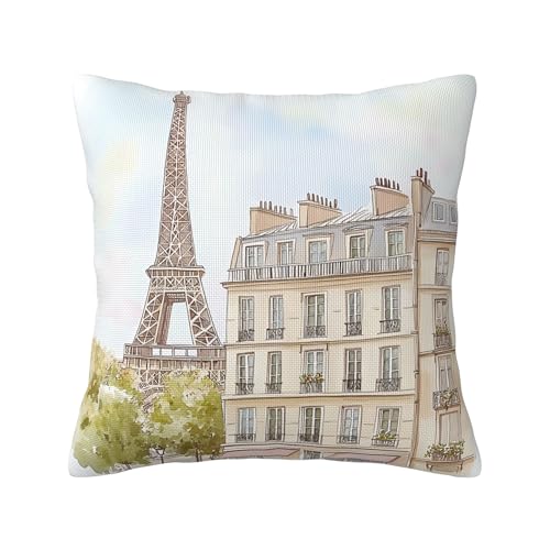 Lot de 1 Housses de Coussin en Lin 45 x 45 cm, Paris, Tour Eiffel, Aquarelle, décoration pour canapé, Voiture, Art déco