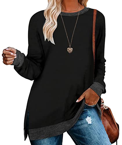 Yutdeng Camiseta de Manga Larga Mujer Otoño Invierno Blusas Pullover Casual Manga Larga con Cuello Redondo Sudadera en Contraste Camisa Holgada Túnico Abertura en el Dobladillo Cover