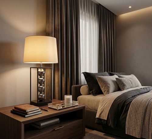 Image of Luxury Modern Table Lamp with Silver Spherical Accents - Contemporary Metal Frame Bedside Light for Living Room, Bedroom & Office - Textured Fabric Drum Shade (Antique Silver & Charcoal)
