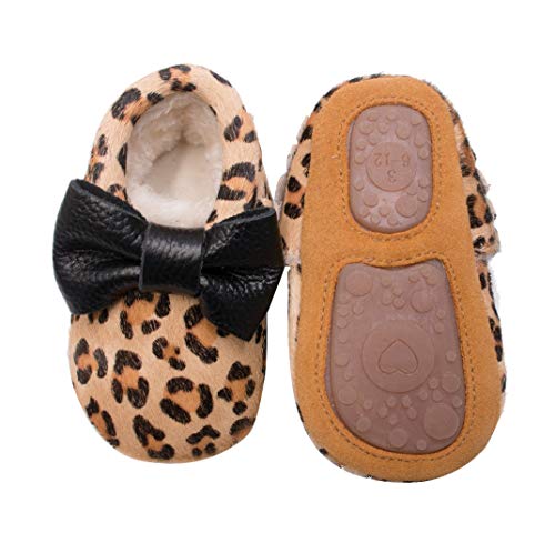 Bebila Baby Moccasins for Girls Boys - Fur Fleece Lined Baby Shoes Autumn Winter Warm Genuine Leather Infants Slippers with Rubber Sole (5.5 M US Toddler, Leopard)