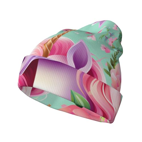 WZYCWB Gorro de punto con patrones de unicornio rosa, cálido y cómodo, resistente al viento y transpirable para estaciones frías