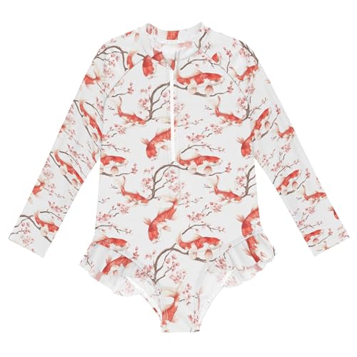 Koi Fish Pink Cherry Blossom Girls Long Sleeve Rashguard Swimsuit UV Protection One-Piece Swimwear B0405073