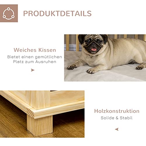 Pawhut Hundekäfig, Tierkäfig aus Holz, Haustierkäfig für mittelgroße Hunde, Hundehütte mit Kissen, Hundebox, Indoor, Naturholz+Cremeweiß, 82,5 x 57 x 72 cm