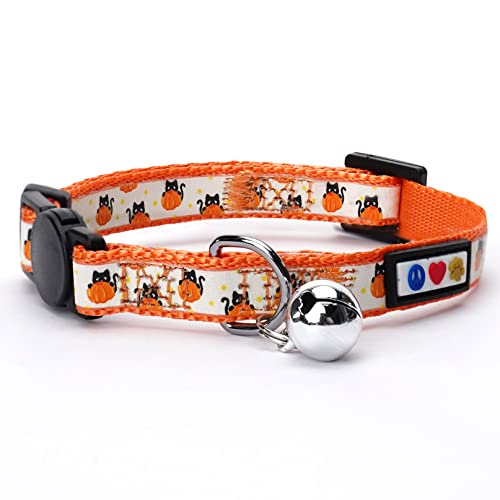 Pawtitas Halloween Cat Collars for Cats Adjustable Collar Glow in The Dark Feature and Safety Breakaway Buckle and Removable Bell to Match Your Halloween Cats Costume - Orange Pumpkins Pattern