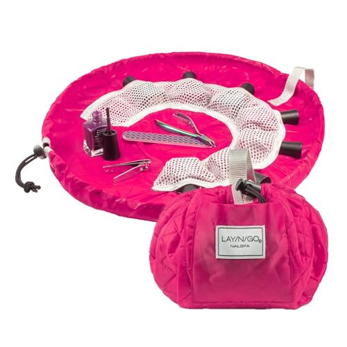 Lay-n-Go NailSpa Drawstring Cosmetic Bag - Portable Nail Supplies Organizer Bag w/ 8 Elastic Mesh Pockets & Circular Center - Durable, Machine Washable Nail Kit Organizer (18