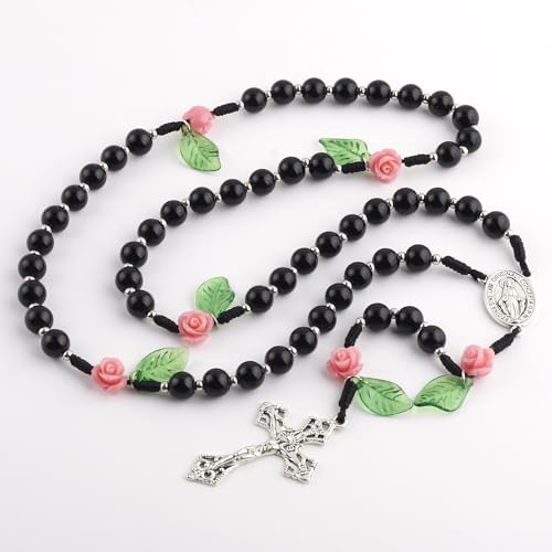 8mm Black Natural Stone Beads Catholic Rosary Necklace and Coral Rose Glory Beads with Flannel Bag for Women2