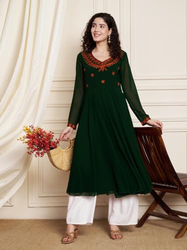 Image of Poshak Hub Women Green Ethnic Motifs Aari Work Georgette Anarkali Kurta