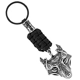 Philo Fun Viking Keychain - Wolf Head Design, Stainless Steel & Black Paracord, Norse Totem Keyring for Men, Backpack or Car Accessory (Antique Silver)