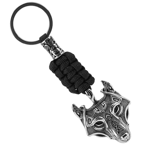 Philo Fun Viking Keychain - Wolf Head Design, Stainless Steel & Black Paracord, Norse Totem Keyring for Men, Backpack or Car Accessory (Antique Silver)