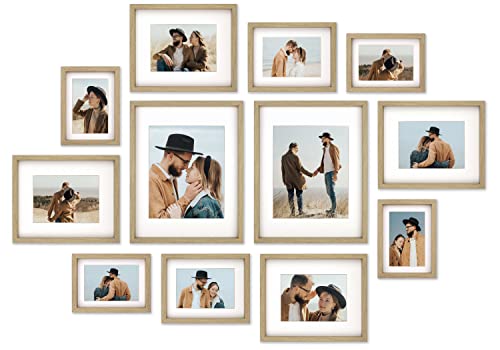 Juego de 12 marcos de fotos de estilo caja de sombra para pared, juego de marcos de fotos rústicos variados con tapete, juego de marcos de fotos de estilo rústico de varios tamaños para pared (Roble)