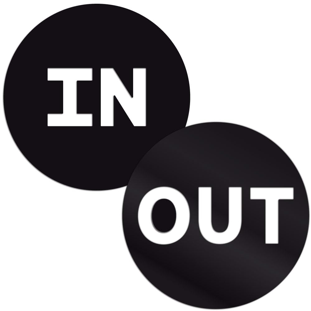 TRUSTY Round IN and OUT Cutout Door Signs for Businesses Stores Bars Restaurants Shops (8", Black)