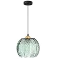 KCO Lighting Single Green Glass Pendant Light Large Globe Pendant Lighting Nordic Ribbed Ceiling Hanging Chandelier Light Vintage Dining Room Kitchen Island Light Fixture