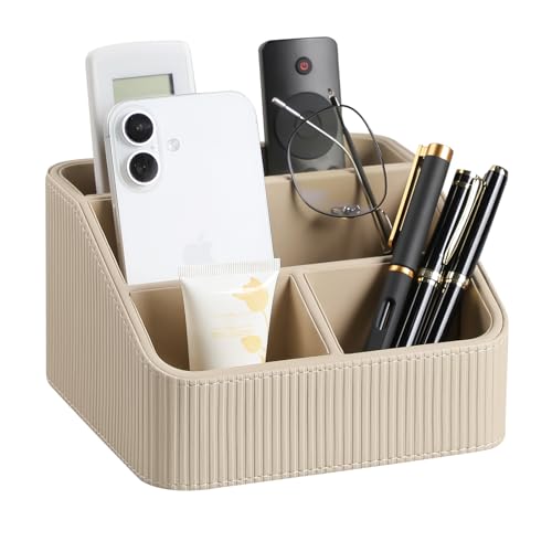 Cretkhp Remote Control Holder with 4 Compartments PU Leather Small Nightstand Organizer for Home Desk Accessories Office Supplies Multifunctional Stylish Small Bedside Desktop Organizers (Beige)