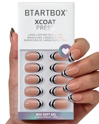BTArtbox French Tip Press On Nails - Veil Waltz, Lamp-Curable Short Almond Press On Nails with Glue and Adhesive Tabs for Women in 16 Sizes - 32 Nails All-in-One Kit