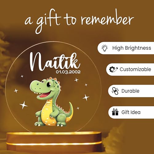 Image of PRINTHUA Plastic Personalized LED Night Table Lamp with Custom Name,Unique Gift for Women,Men,Kids,Girlfriend,Boyfriend,Husband,Wife|Birthdays,& Special Occasions (Cute Dinosaur),Multicolour