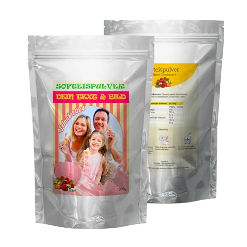 INDIGOS UG - 333g Erdbeereispulver - Erdbeere - individuell personalisiert mit Foto und Wunschtext - Geschenk - Fotoidee für Softeis Maschine und Kugeleis