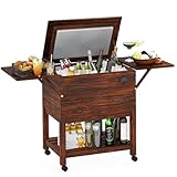 Giantex 54 Quart Wooden Patio Cooler Cart with Wheels, Outdoor Rolling Ice Chest with Foldable Side Shelves, Bottle Opener & Bottom Storage, Insulated Beverage Cooler for Deck, Poolside, BBQ Party
