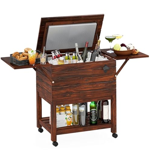 Giantex 54 Quart Wooden Patio Cooler Cart with Wheels, Outdoor