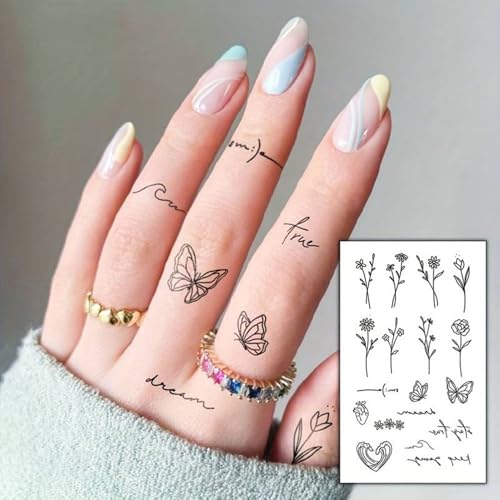 Image of 20 Sheets Black Tiny Infinity Rose Flowers Butterfly Temporary Tattoos For Women Adults Temp Tatoo Sticker, Realistic Small Arrow Crescent Moon Sun Star Fake Tattoos For Finger Hands Waterproof Decals