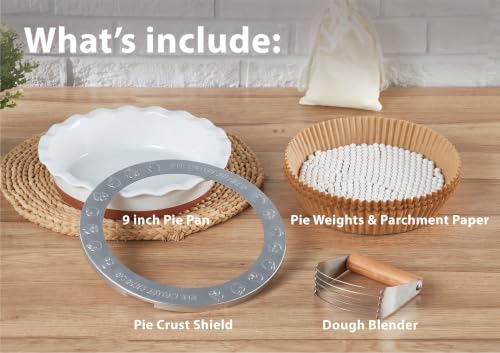 JODEVI 9 Inch Pie Pan with Crust Shield, Weights, Paper & Pastry Blender - image 2