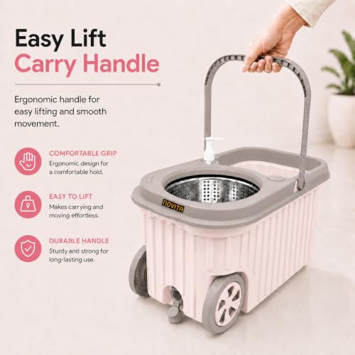 Image of Novita Premium 360 Spin Mop Bucket Set | Steel Jali with Heavy Smart System | Easy Rinse | Telescopic Microfiber Mop & Soap Dispenser |1+1 Refill | Pocha | Big Wheels | Removes Over 99%* Bacteria