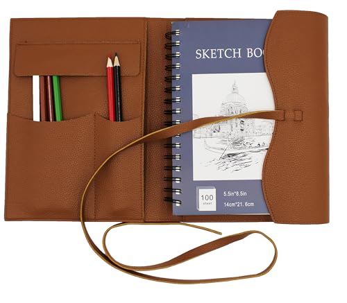 Drawing Book Cover Sketchbook Cover with Pencils Leather Artist Bag Artist Gifts Leather Art Book Cover for Sketchbook Journal Notebook (S for 5.5x 8.5)