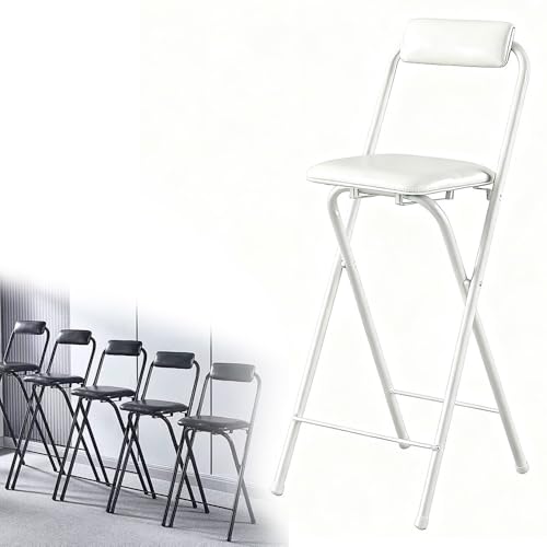 OPOLDBDMAC Taburete Plegable Alto 60 70cm Negro Taburete De Bar Plegable Silla Alta De Metal Estable, Sillas De Cuero para Cocina, Salón, con Reposabrazos Y Respaldo(White,50cm/19.6in)
