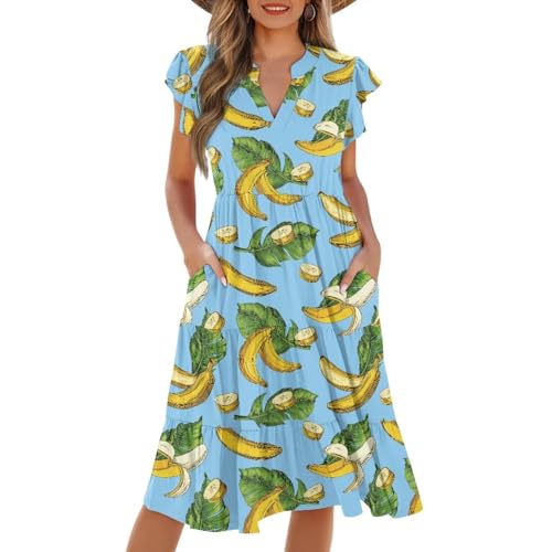 Image of Women's Casual Ruffle Sleeve Dress V Neck Pullover Dress Flowy A-Line Pleated Lightweight Dress with Pockets